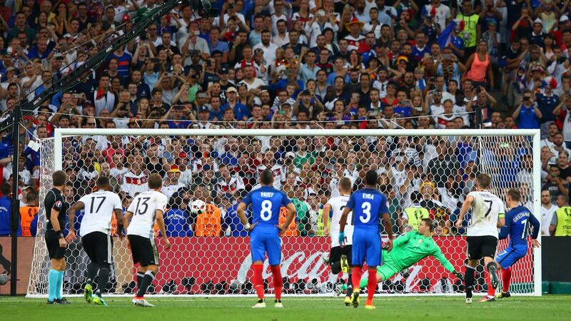Antoine Griezmann converts from the penalty spot to give France the lead in the Euro 2016 semi-final against Germany at Stade Velodrome in Marseille. Photograph: Alex Livesey/Getty Images