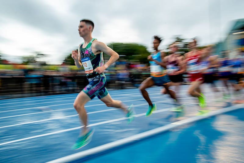 Darragh McElhinney during the men's 5,000m final at the 2023 Morton Games. Photograph: Morgan Treacy/Inpho