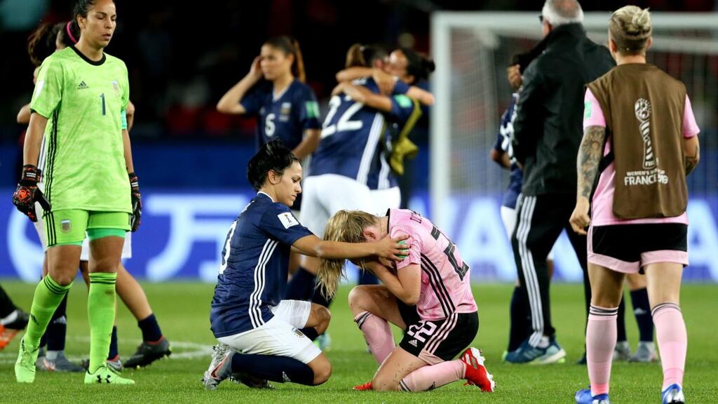 Argentina’s Eliana Stabile consoles Scotland’s Erin Cuthbert. Photograph: Richard Sellers/PA