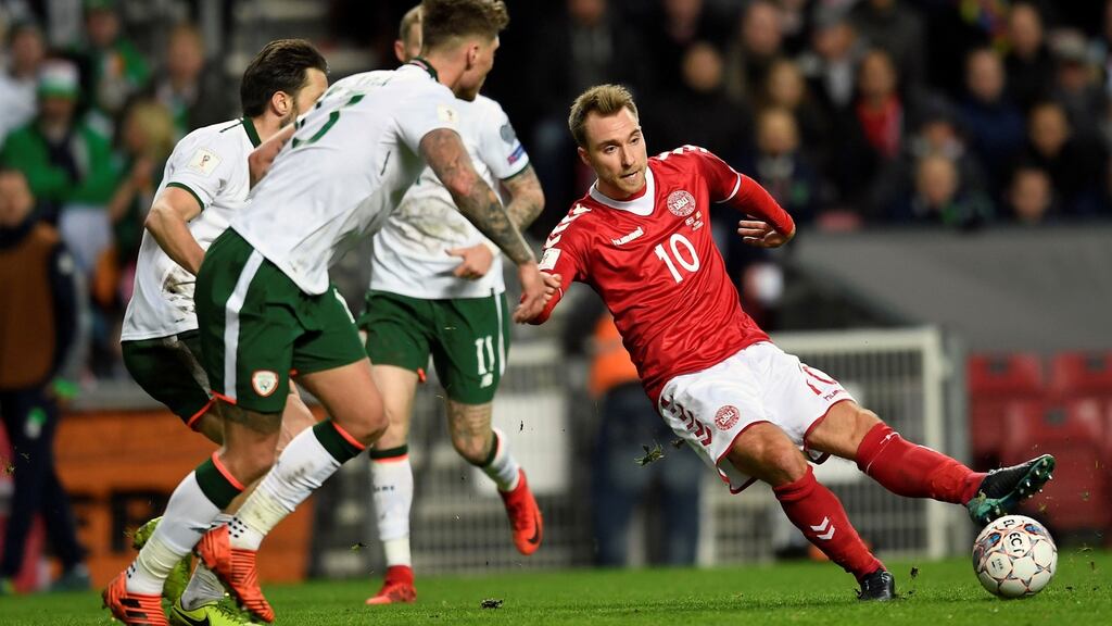 Denmark’s Christian Eriksen in action in Saturday’s World Cup play-off first leg match against Ireland in Copenhagen. Photograph: Lars Moeller/Reuters