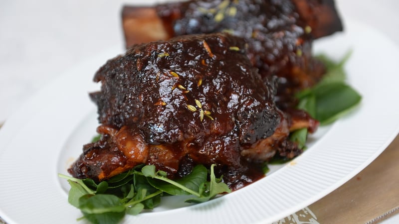 Sticky beef short ribs are cooked for 40 minutes using the Instant Pot’s “meat/poultry” setting. Photograph: Dara Mac Dónaill