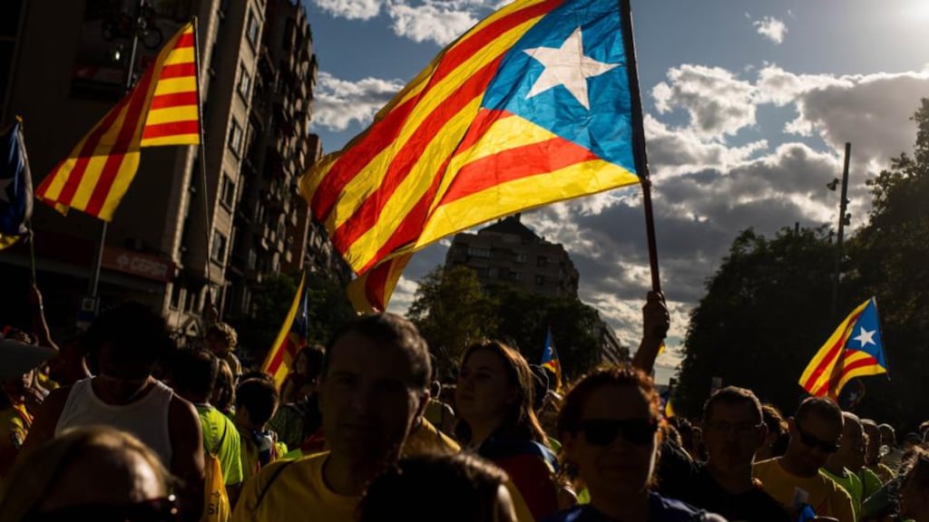 Demonstrators celebrate the Catalan national day in Barcelona on Monday. Photograph: David Ramos/Getty Images