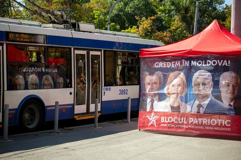 The campaign tent of the Patriotic Electoral Bloc, in Chisinau, Moldova. Photograph: EPA