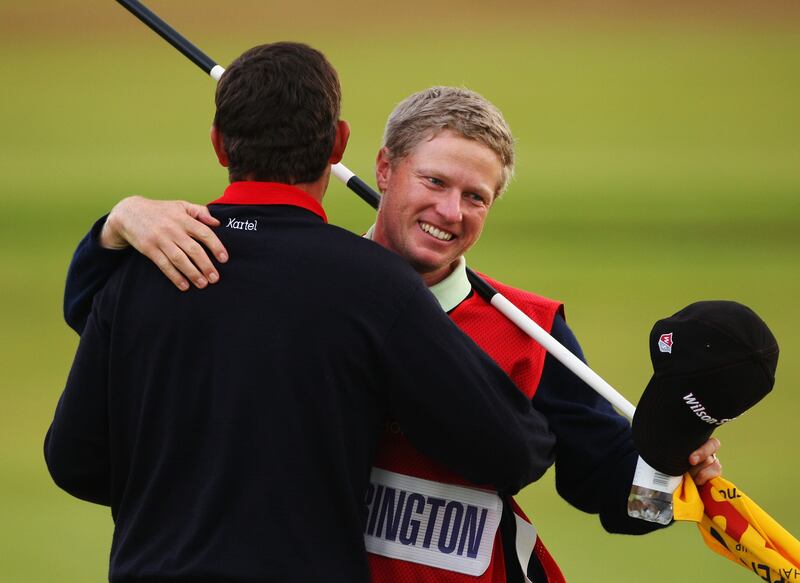 Pádraig Harrington celebrates his British Open victory at Carnoustie with his caddie Ronan Flood in 2007. Photograph: Stuart Franklin/Getty Images