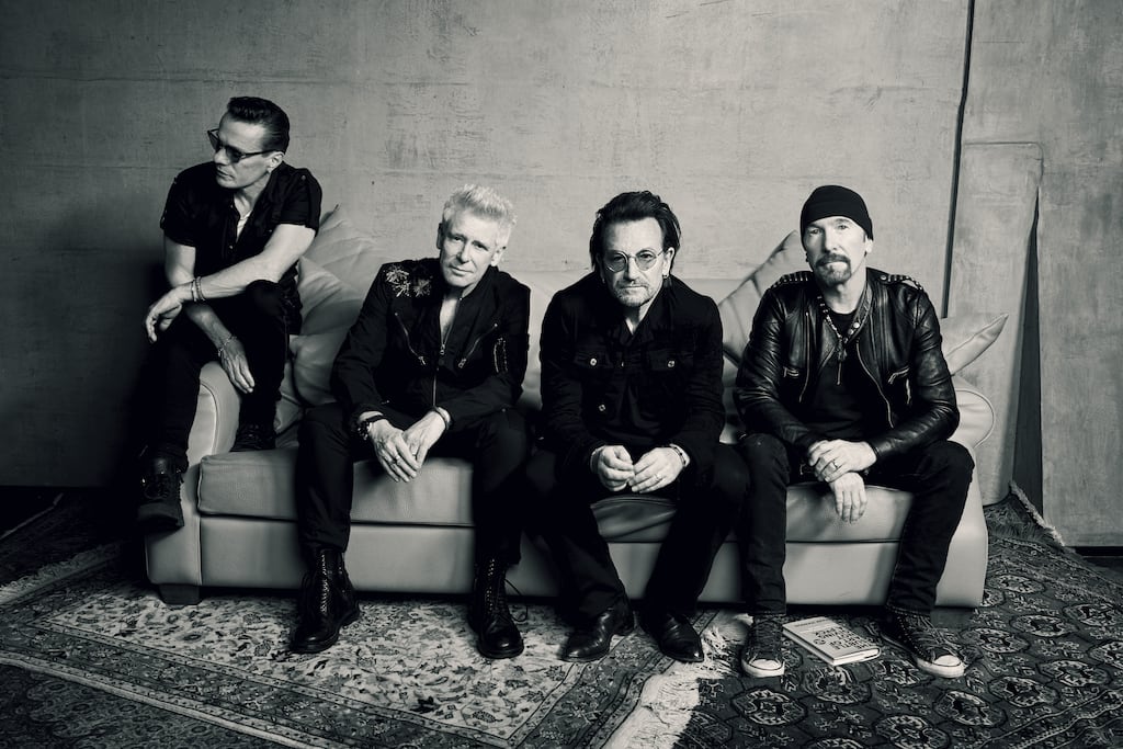 U2 Songs of Surrender publicity shot. Provided December 2023. From https://www.u2.com/rmpphoto. Larry Mullen jnr, Adam Clayton, Bono and the Edge. Sao Paolo 2017. Photo: Olaf Heine.