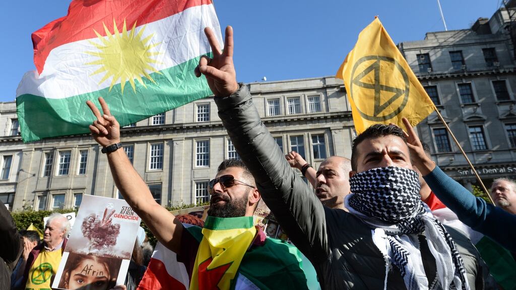 Kurdish community protest on O’Connell Street, Dublin in response to Turkey’s attacks on Kurds of Syria. Photograph: Dara Mac Dónaill