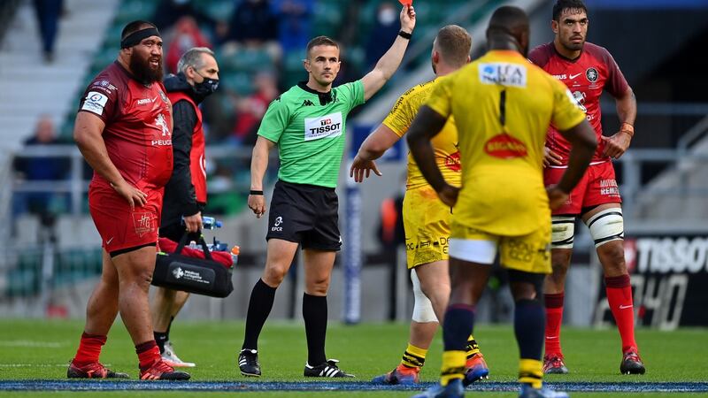 Luke Pearce shows a red card to Levani Botia of La Rochelle (not pictured) after reversing their decision of a yellow Card following a TMO review. Photograph: Dan Mullan/Getty