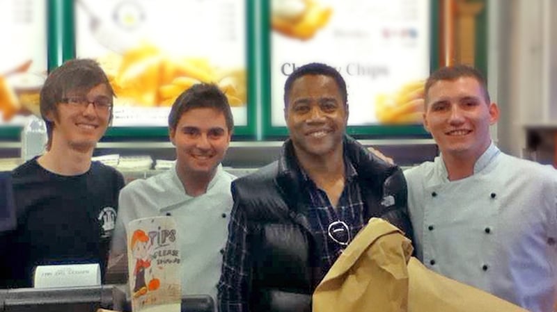 Oscar winner Cuba Gooding jnr in line at Burdock’s chipper on Werburgh Street.