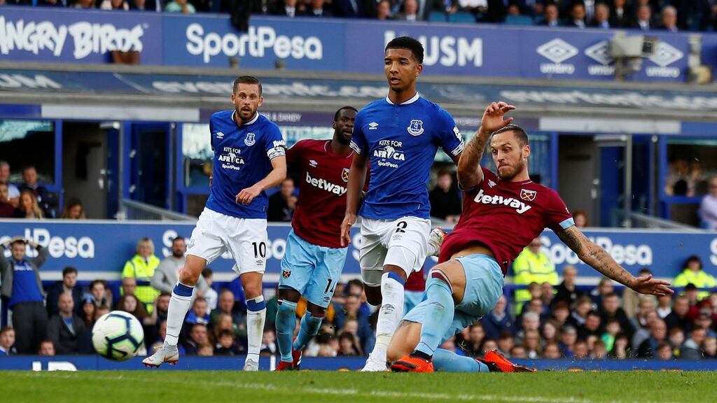 Marko Arnautovic rounds off the scoring for West Ham at Goodison Park. Photograph: Jason Cairnduff/Reuters