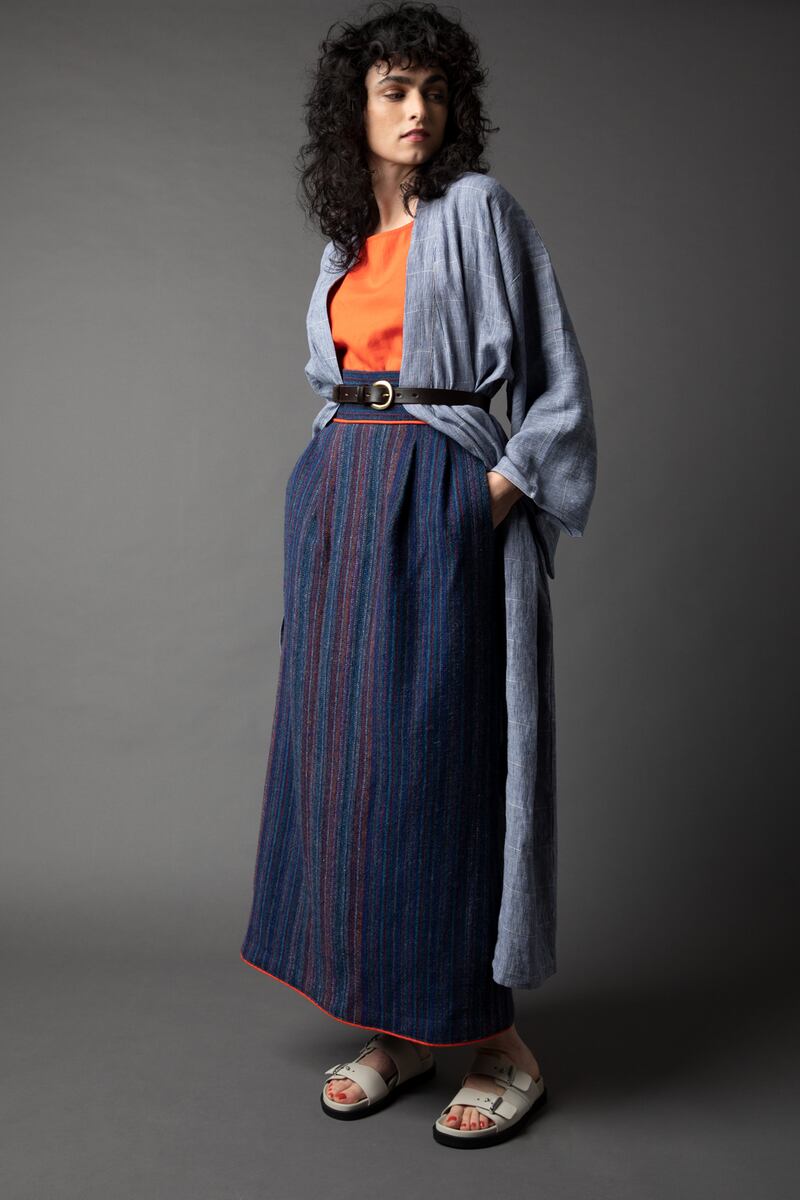 Irish linen kimono robe, €395; Irish linen sleeveless top, made to order; leather belt, €240 from a selection in store. Handwoven limited edition tweed skirt, price on request at stableofireland.com. Photograph: Barry McCall