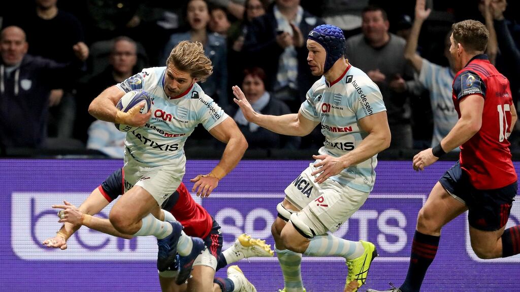 Racing’s Dimitri Szarzewski scores a try against Munster during their European Champions Cup tie at U Arena, Paris, France. Photograph: Dan Sheridan/Inpho