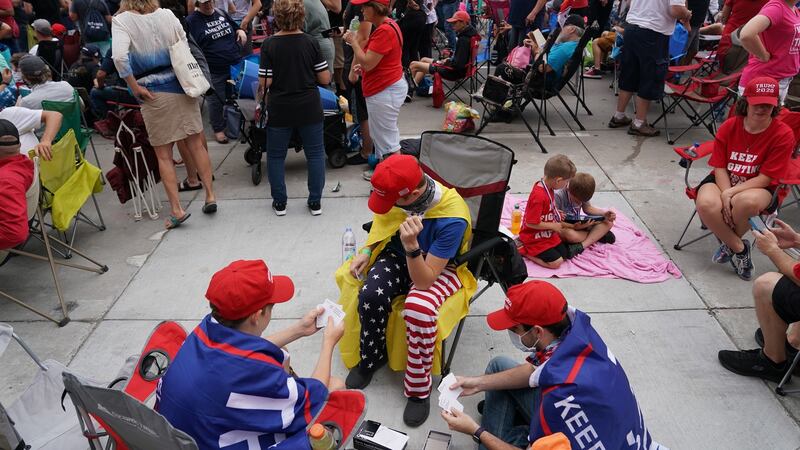 A crowd gathers near the BOK Center in Tulsa, Oklahoma, where President Donald Trump will hold his first campaign rally since March 2nd on Saturday evening. Photograph: Erin Schaff/New York Times)