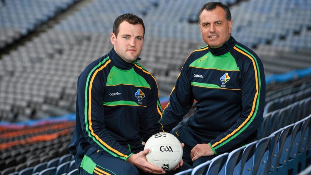 Ireland captain Michael Murphy and manager Paul Earley at the International Rules Series press conference at Croke Park. Photograph: Cathal Noonan/Inpho