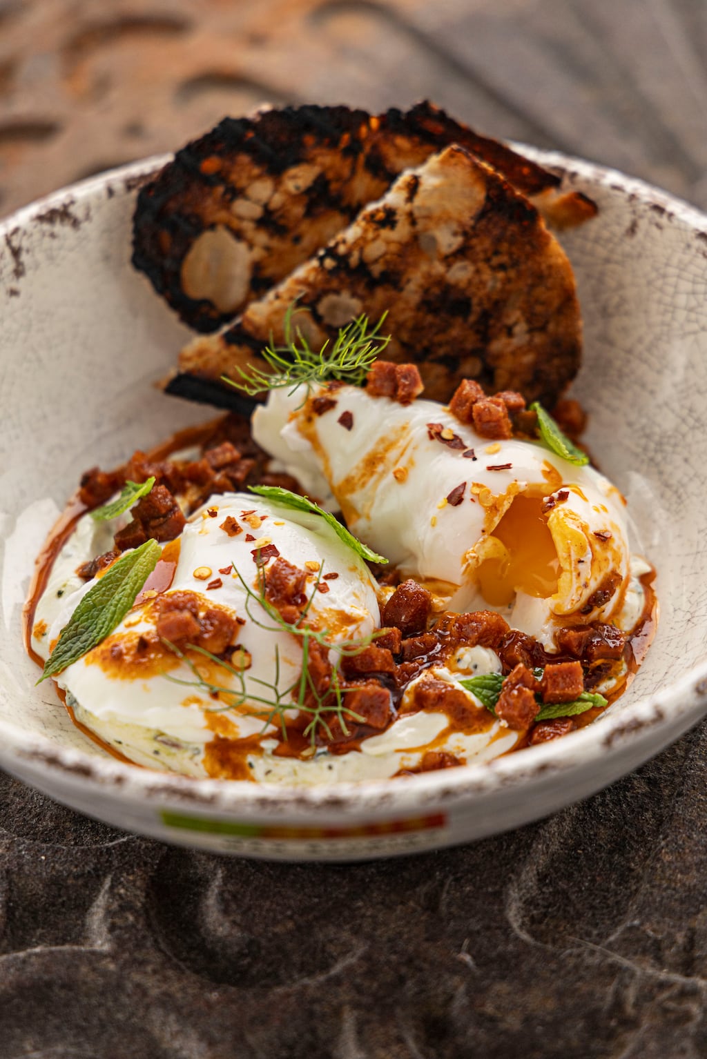 Turkish eggs with chorizo, yoghurt and sourdough. Photograph: Harry Weir