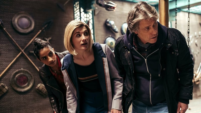 Mandip Gill, Jodie Whittaker and John Bishop in Doctor Who: The Halloween Apocalypse