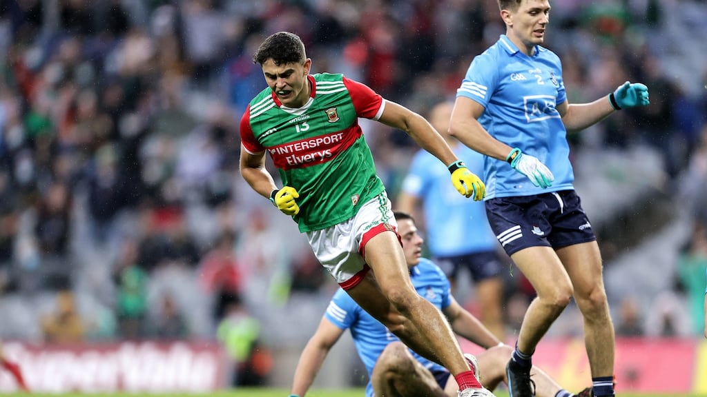 Tommy Conroy celebrates as Mayo take the lead in the All-Ireland semi-final against Dublin at Croke Park. Photograph: Laszlo Geczo/Inpho