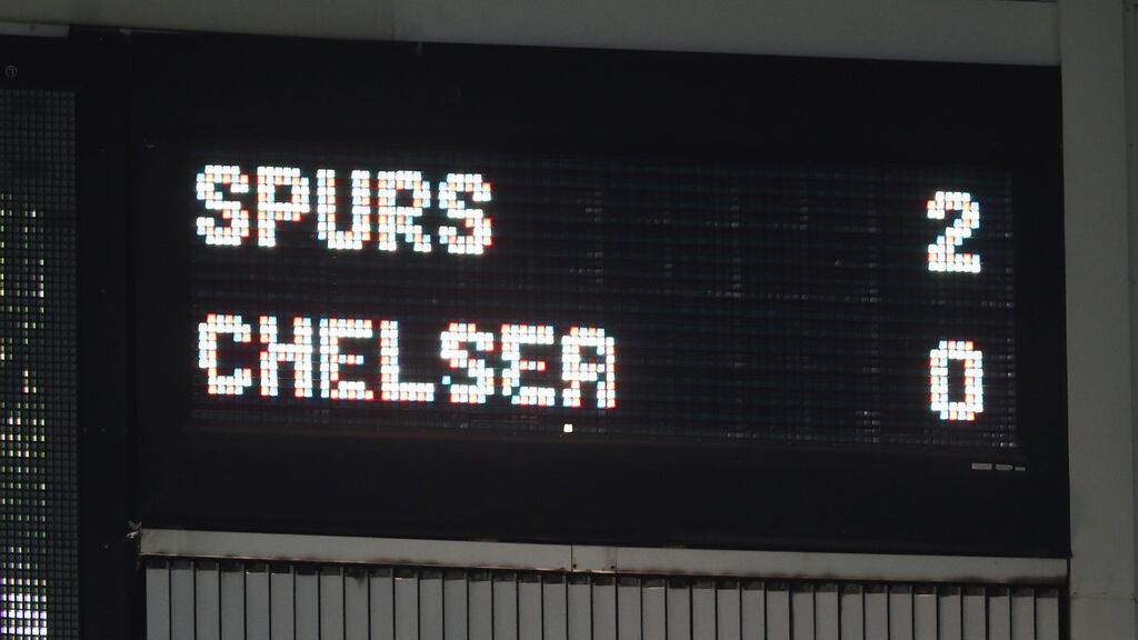 The scoreboard during the Premier League match between Tottenham Hotspur and Chelsea at White Hart Lane. Photo Julian Finney/Getty Images