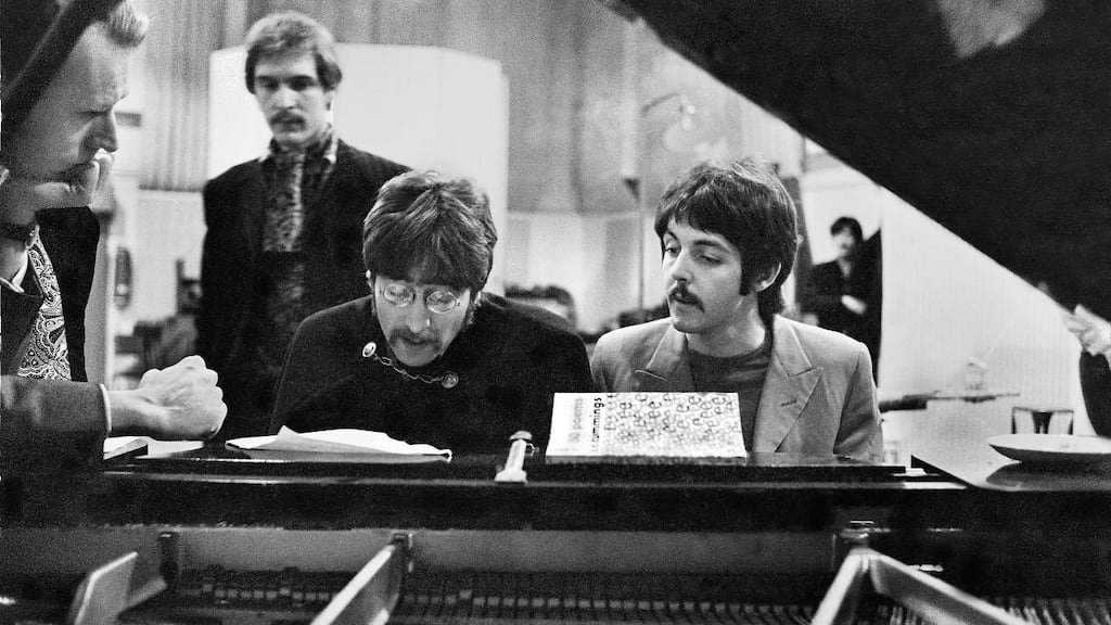 George Martin, Neil Aspinall, John Lennon and Paul McCartney at  Abbey Road studios during The Beatles’  recording of ‘Lucy in the Sky With Diamonds’.  Photograph: Henry Grossman/Govinda Gallery