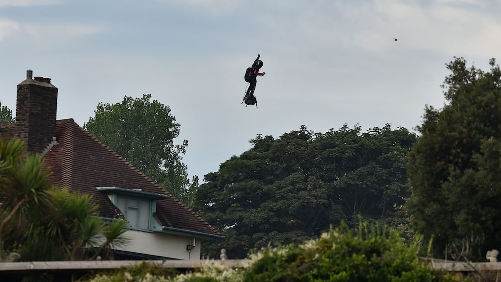 Franky Zapata prepares to land at St Margaret’s Bay in Dover after crossing the English Channel. Photograph: GLYN KIRK/AFP/Getty Images
