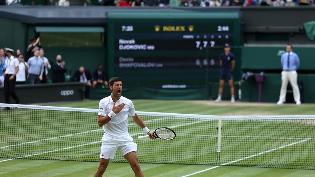 Novak Djokovic celebrates victory against Denis Shapovalov in the semi-final match at Wimbledon. Photograph: Steven Paston/PA Wire