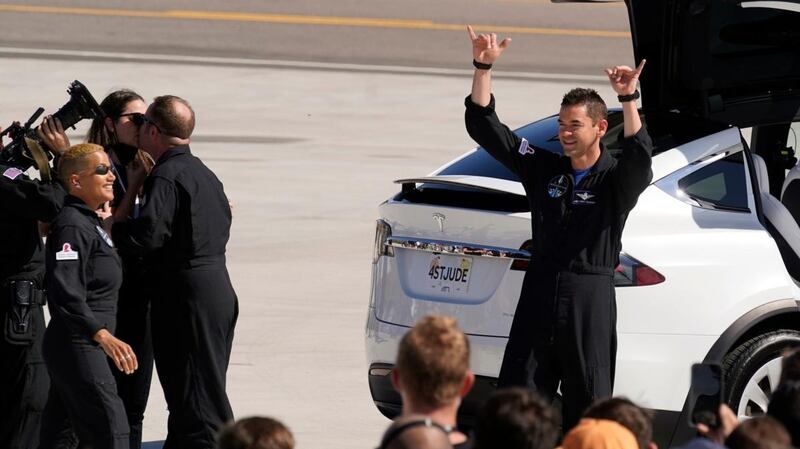 Jared Isaacman waves to family members before a trip to Kennedy Space Center’s launch pad 39-A and the liftoff of a SpaceX Falcon 9 rocket last September in Cape Canaveral, Florida. Photograph: John Raoux/AP Photo