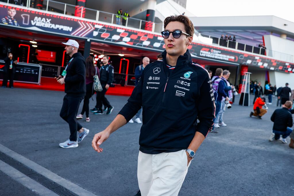 Mercedes driver George Russell of Britain arrives in the paddock on media day for the Formula One Las Vegas Grand Prix. Photograph: Shawn Thew/EPA