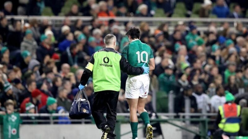 Joey Carbery was forced off with an wrist injury during Ireland’s win over Fiji. Photograph: Ryan Byrne/Inpho
