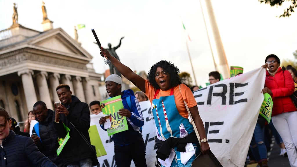 Ellie Kisyombe, from Dublin, at a  United Against Racism  rally and march calling for the end to the inhumane direct provision system for asylum seekers, in Dublin. Photograph: Dara Mac Dónaill