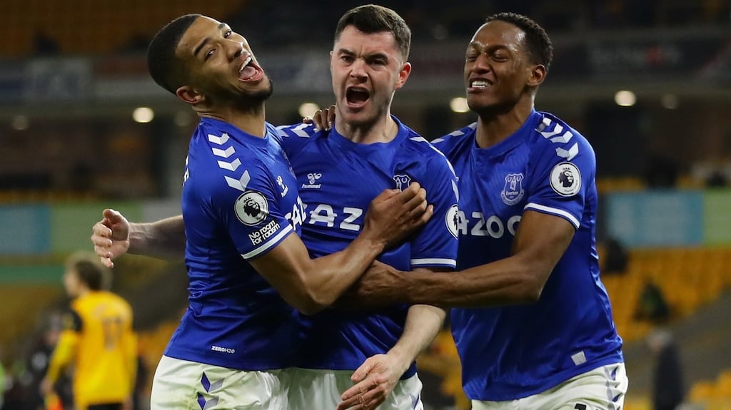 Everton’s Michael Keane celebrates after scoring his side’s second goal during the Premier League  match against Wolves at Molineux. Photograph: Richard Heathcote/EPA