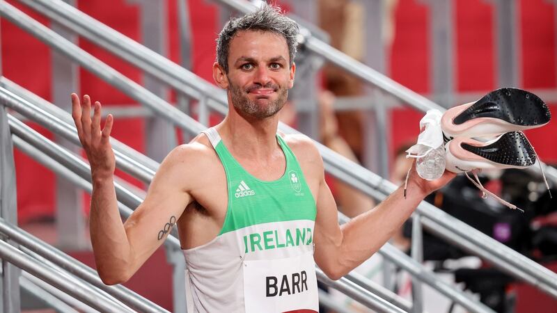 Ireland’s Thomas Barr reacts to not qualifying for the final of the 400m hurdles after the semi-finals at the Olympic Stadium in Tokyo. Photograph: Bryan Keane/Inpho
