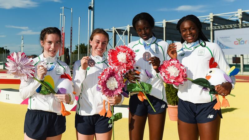 The Ireland 100m relay team of Niamh Foley, Miriam Daly, Rhasidat Adeleke and Patience Jumbo Gula with their bronze medals at the European Youth Olympic Festival at Olympic Park in Gyor, Hungary. Photograph: Eóin Noonan/Sportsfile