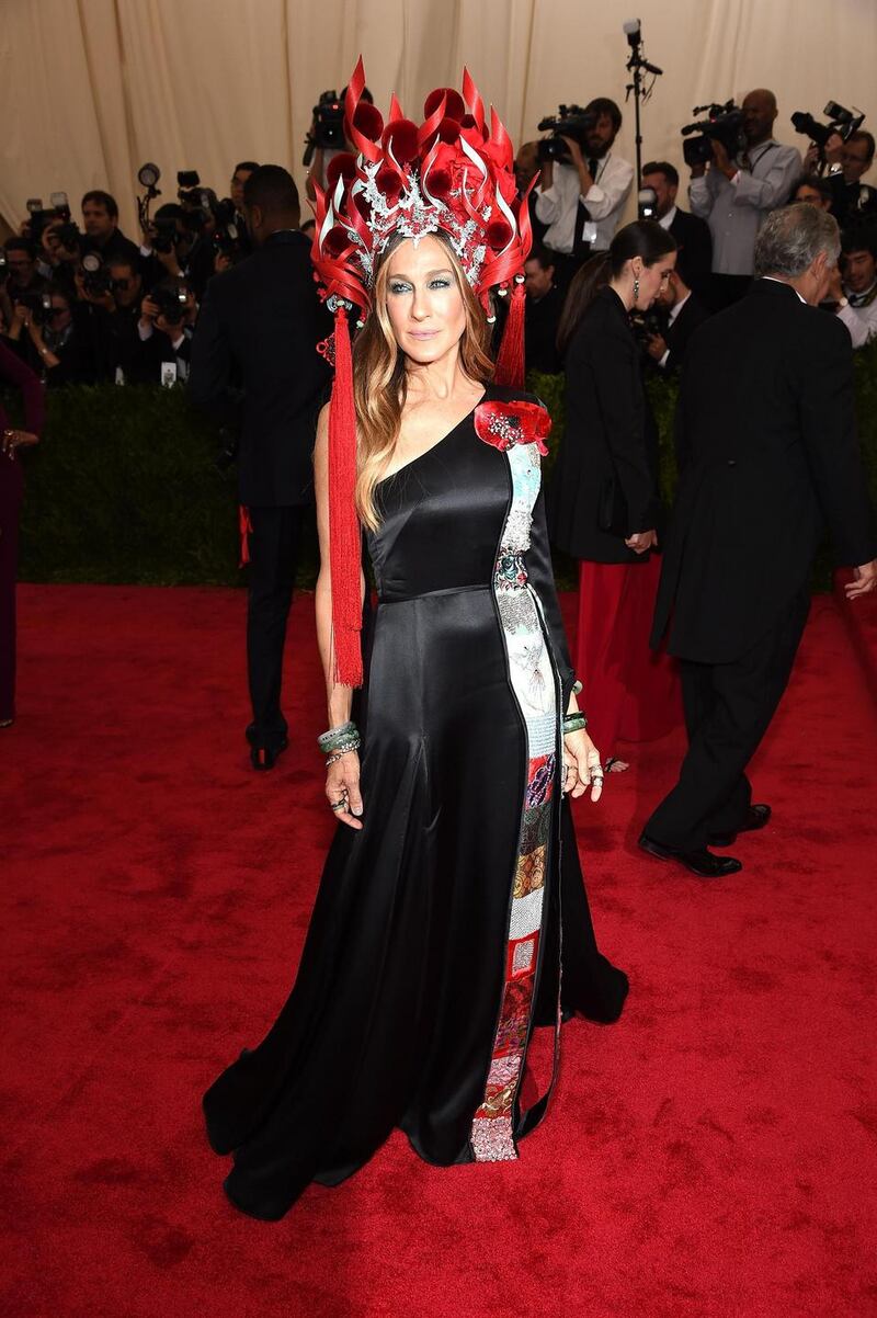 Sarah Jessica Parker in her 2015 headdress that launched a million memes. Photograph:  Dimitrios Kambouris/ Getty Images
