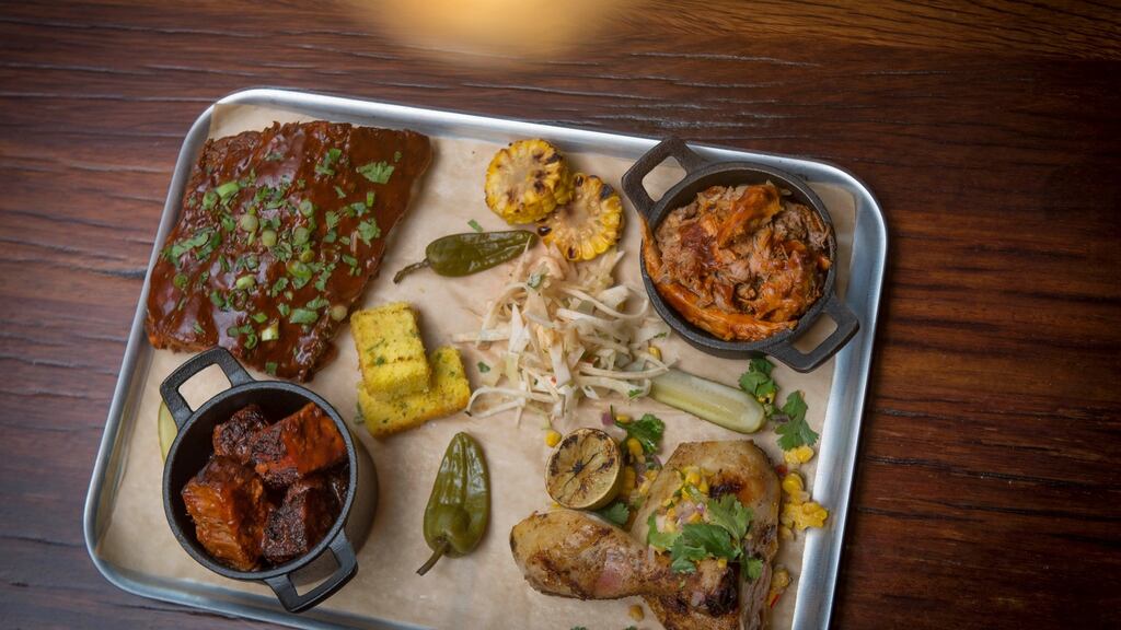 Cornbread on the “Blow Out” mixed meat and sides tray at Holy Smoke. Photograph: Michael Mac Sweeney/Provision
