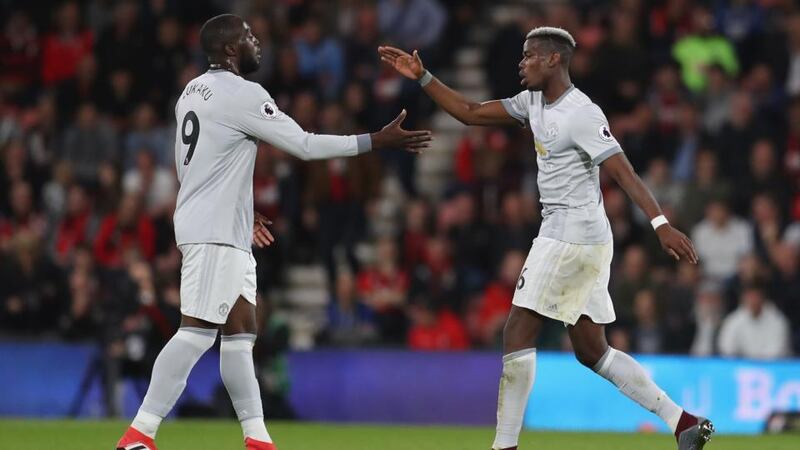 Romelu Lukaku and Paul Pogba during Manchester United’s win over Bournemouth. Photograph: Catherine Ivill/Getty