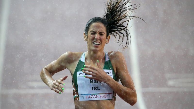 Ireland’s Jessie Barr after finishing 2nd in the Women’s 400m Hurdles Round 1 Heat 2 at World University Games Kazan in 2013. Photograph: Cathal Noonan/Inpho