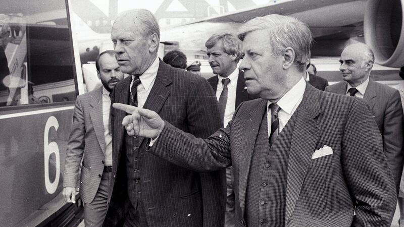 Former US president Gerald Ford on a private visit for talks with former West German chancellor Helmut Schmidt, who welcomed him at Hamburg airport, on August 29th, 1985. Photograph: Ulli Michel/Reuters