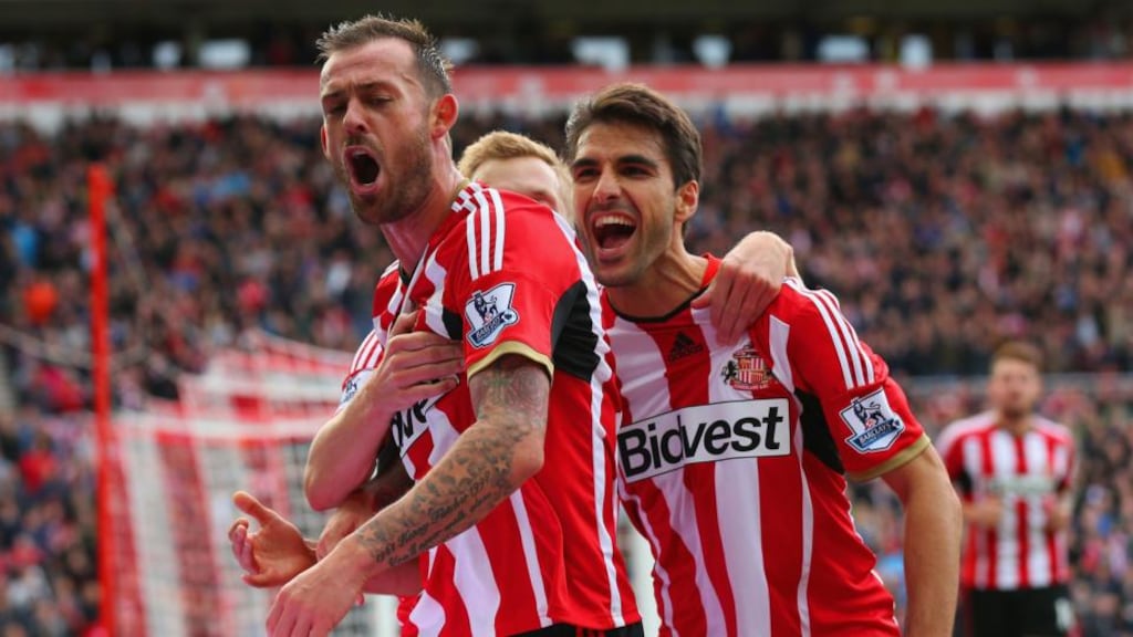 Steven Fletcher of Sunderland celebrates scoring the second goal against Stoke City   at Stadium of Light. Photograph:  Alex Livesey/Getty Images