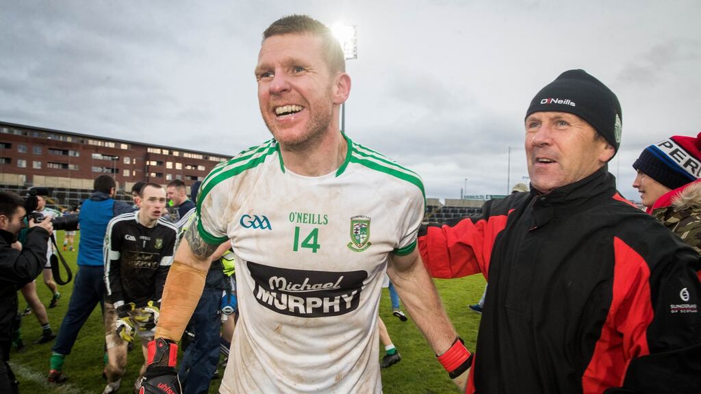 Moorefield veteran Ronan Sweeney celebrates after his club’s sensational comeback against St Loman’s in the Leinster club football final at O’Moore Park, Portlaoise. Photograph Ryan Byrne/Inpho