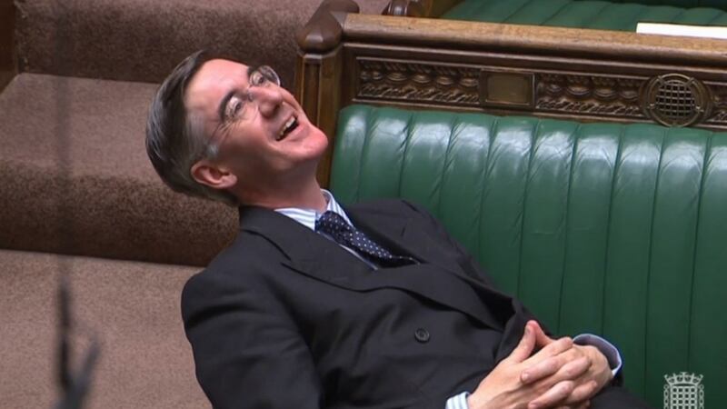 Leader of the House of Commons Jacob Rees-Mogg reclining on his seat in the House of Commons London. Photograph: PA