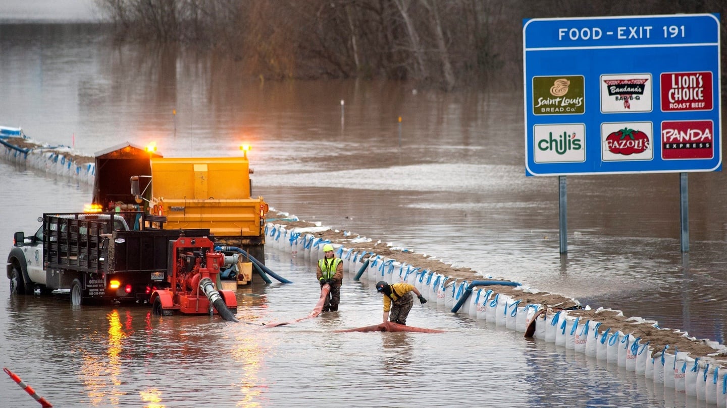 Flooding from the Meramec River, a tributary of the Mississippi River, flooded the highway, closing the main artery between St. Louis and Memphis. Photograph: Sid Hastings/EPA
