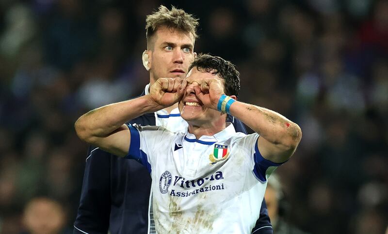 Italy's Paolo Garbisi looks dejected after missing a last-minute match-winning penalty against France at Stade Pierre Mauroy in Lille. Photograph: David Rogers/Getty Images