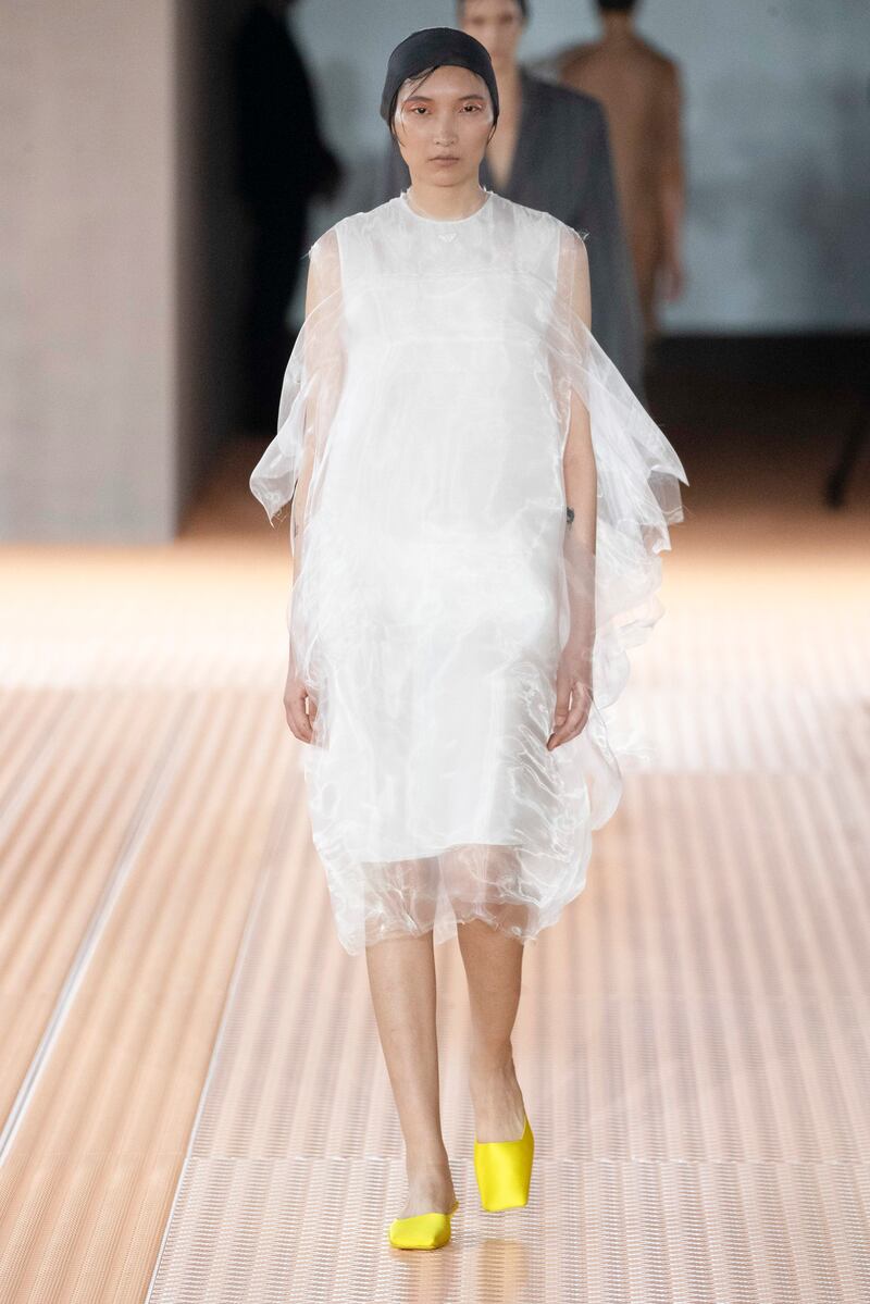 Prada's organza and gazar shift dress worn with yellow mules