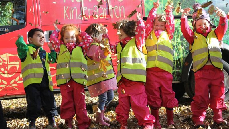 Connecting with nature (from left to right) Maximos Gayed, Sophie Healy, Lilia Cassoni, Anja Bister, Grace McBrearty and Alexandra Murphy from the Park Academy Childcare having fun in the leaves near the Park Academy’s Scandinavian-inspired, nature kindergarten, which is currently being developed on the Killruddery Estate in Bray, Co Wicklow.