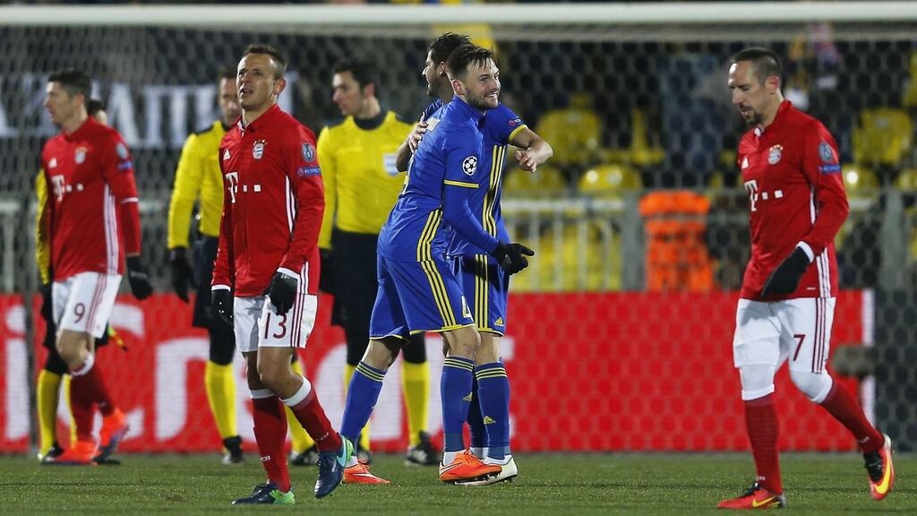 Players of Rostov celebrate after the UEFA Champions League group D match against Bayern Munich. Photo: EPA