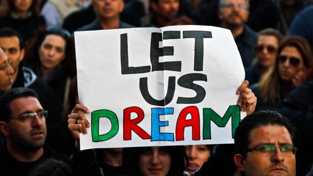Bank employees protest outside the Finance Ministry in Nicosia today. Photograph: Yannis Behrakis/Reuters