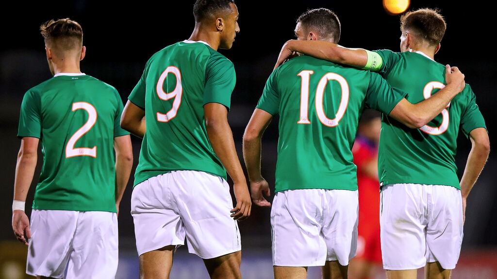 Ireland U21 player Troy Parrott celebrates scoring a goal against Armenia at Tallaght Stadium. Photograph: Tommy Dickson/Inpho