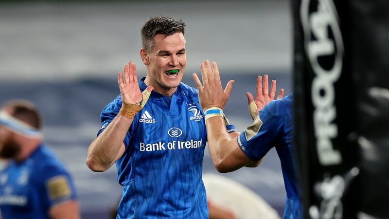 Johnny Sexton celebrates Leinster’s Pro14 final win over Ulster. Photograph: Billy Stickland/Inpho