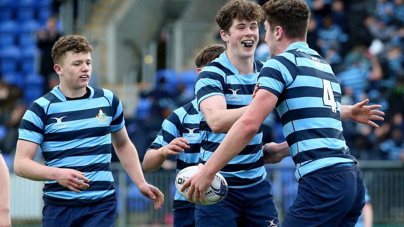 Castleknock College’s Max Mellet celebrates scoring a try with Max Gerhardt during the Bank of Ireland Leinster Senior Cup round one match at Donnybrook Stadium. Photograph: Oisín Keniry/Inpho