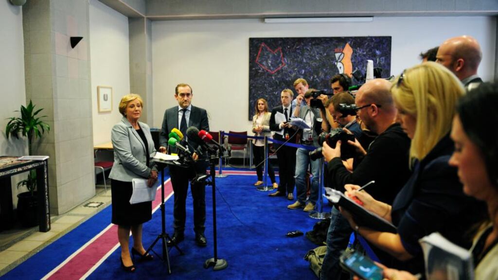Frances Fitzgerald addresses the media yesterday after publication of the damning report on the Department of Justice. Photograph: Aidan Cawley/The Irish Times