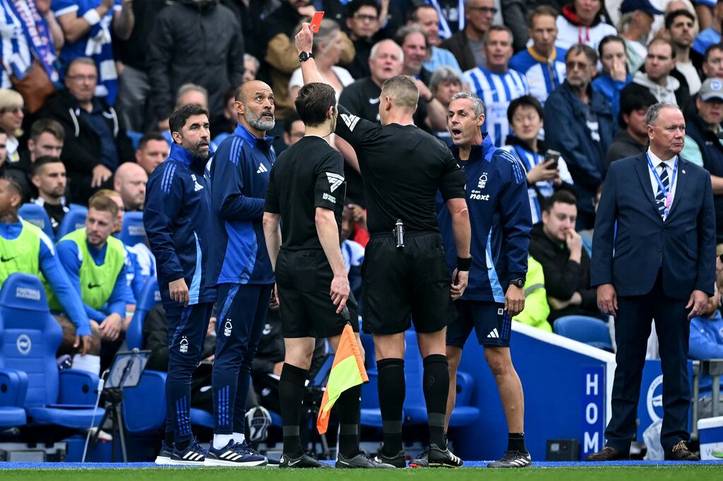 Nottingham Forest manager Nuno Espírito Santo is shown a red card by referee Robert Jones during the Premier League game against Brighton at the Amex Stadium. Photograph: Justin Tallis/AFP via Getty Images